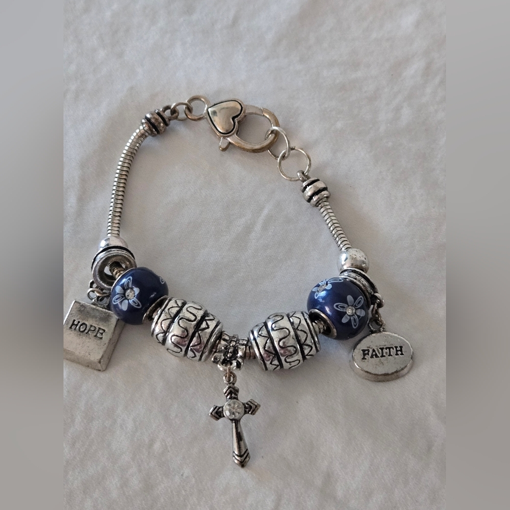 Pandora Inspired Silver Charm Bracelet with Blue Beads